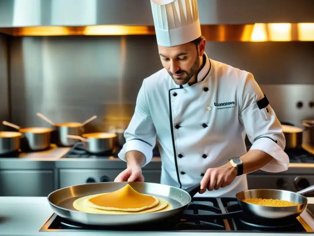 Un chef profesional experto en técnicas para hacer crepes perfectas, volteando con maestría un crepe dorado en una sartén reluciente