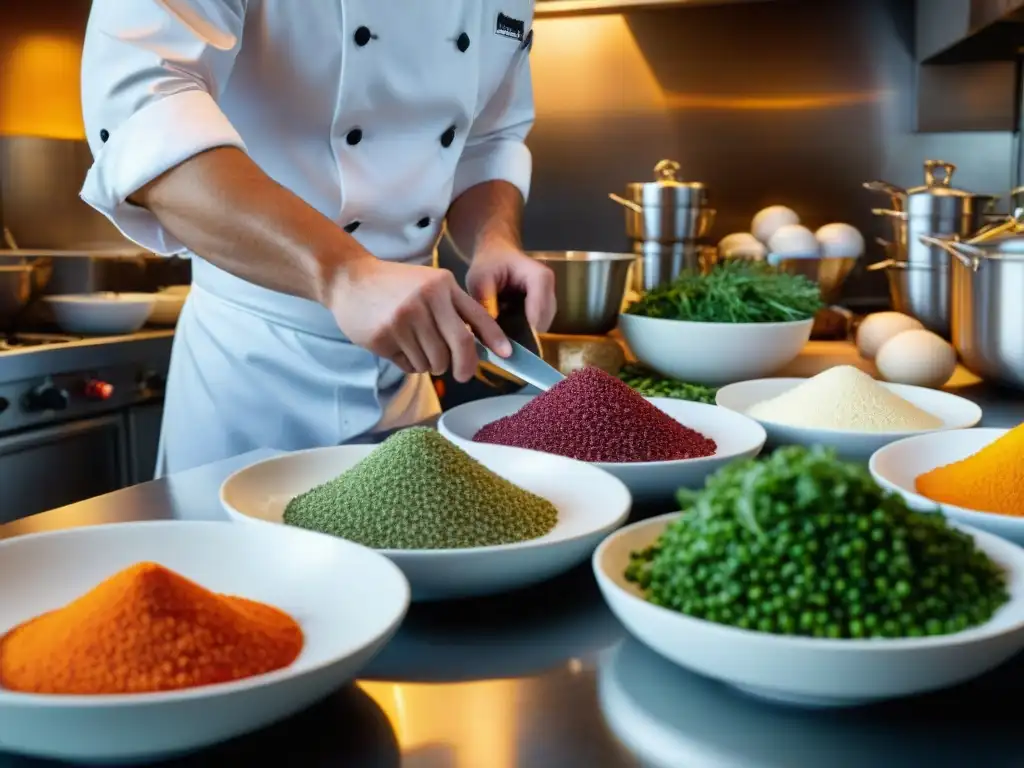 Un chef profesional experto en técnicas básicas de cocina francesa preparando meticulosamente su mise en place en una cocina tradicional