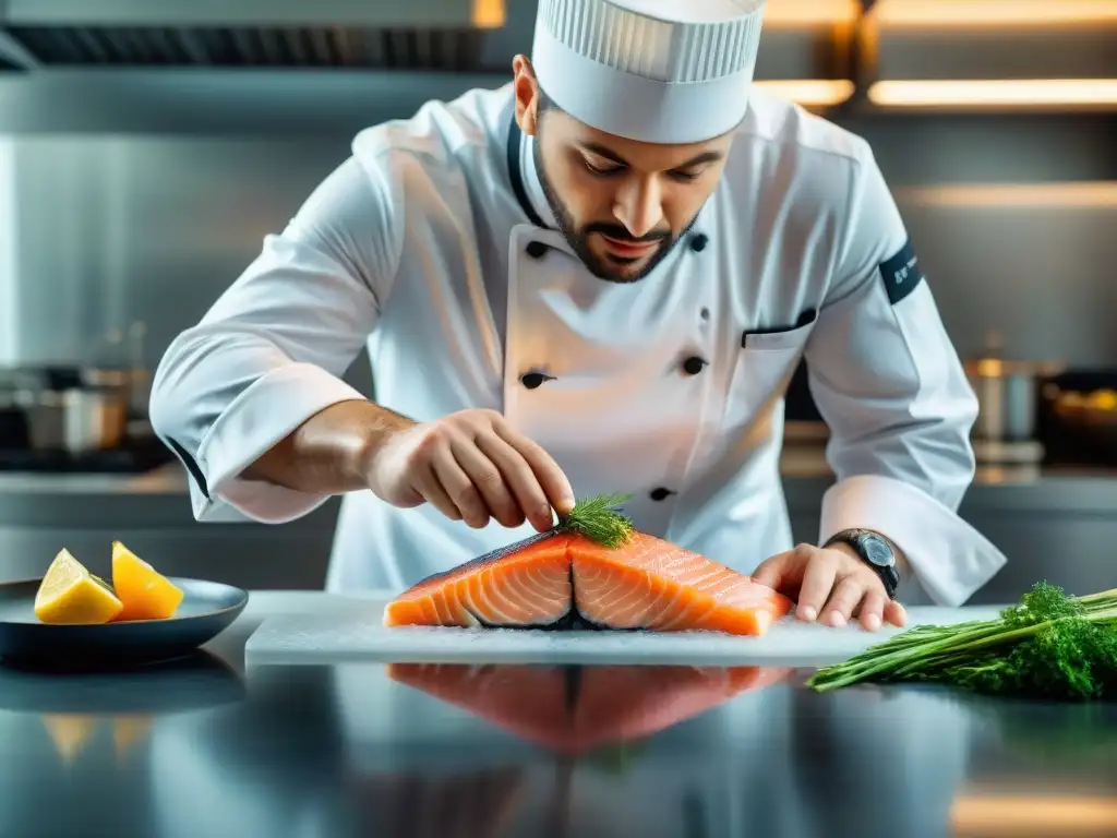 Un chef profesional cuidadosamente cocina filetes de salmón sous vide en una cocina francesa