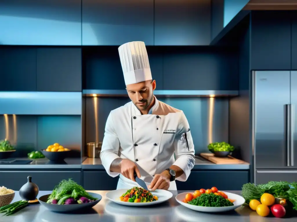 Un chef profesional prepara una nutritiva y elegante comida francesa para deportistas en una cocina moderna y sofisticada