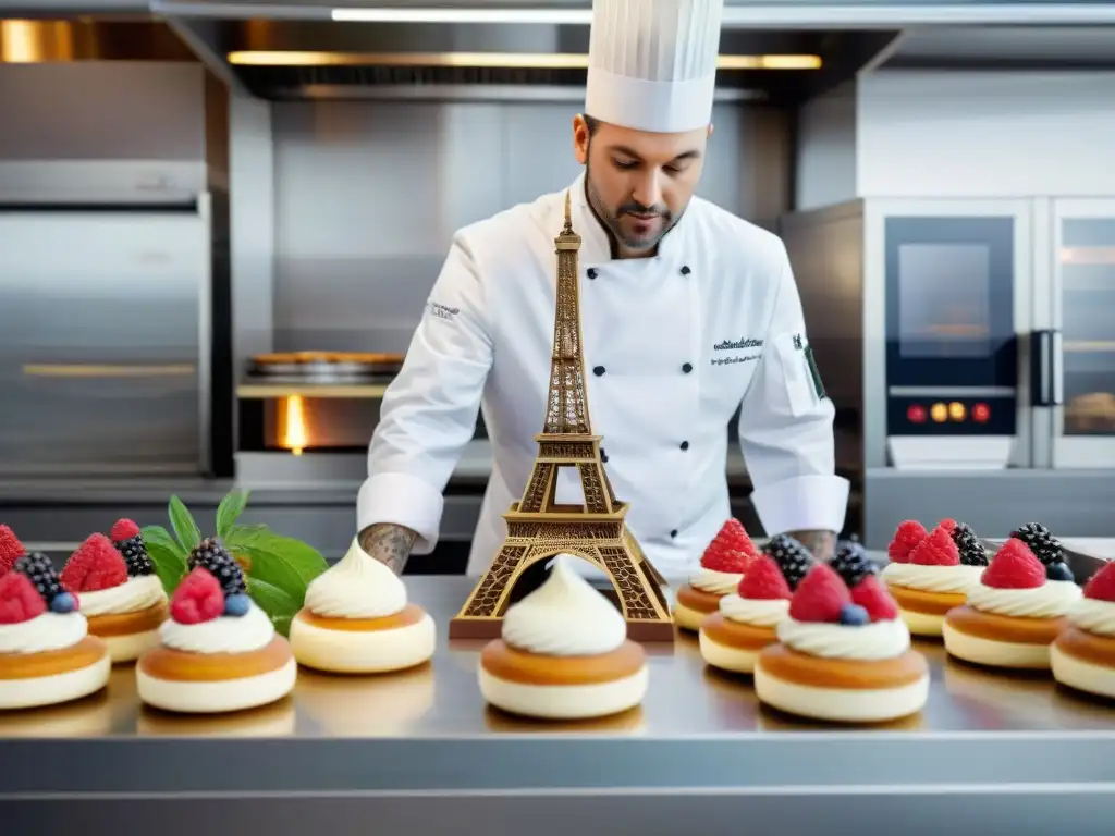 Un chef profesional crea pastelería francesa con impresión 3D en una cocina bulliciosa