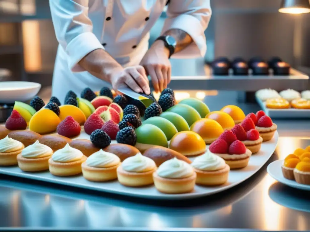 Un chef profesional dispone con precisión pastelería francesa en plato blanco brillante