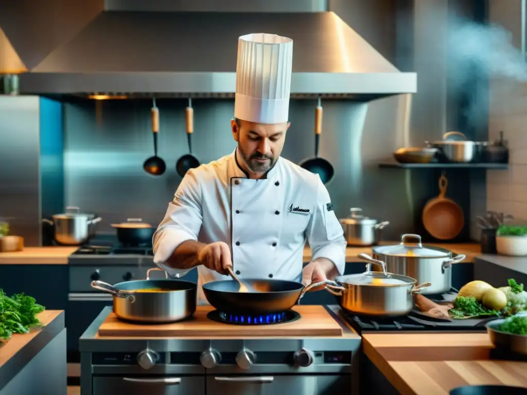 Chef profesional preparando plato clásico francés en moderna cocina