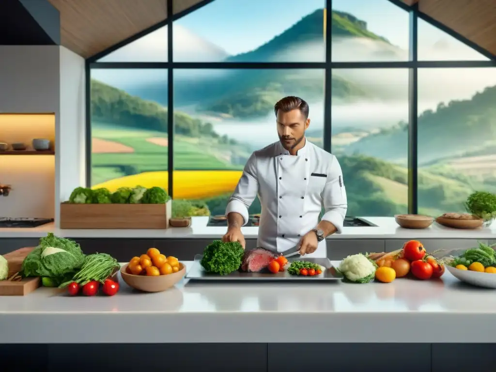 Un chef profesional prepara un plato francés gourmet en una cocina moderna con vista a un paisaje campestre