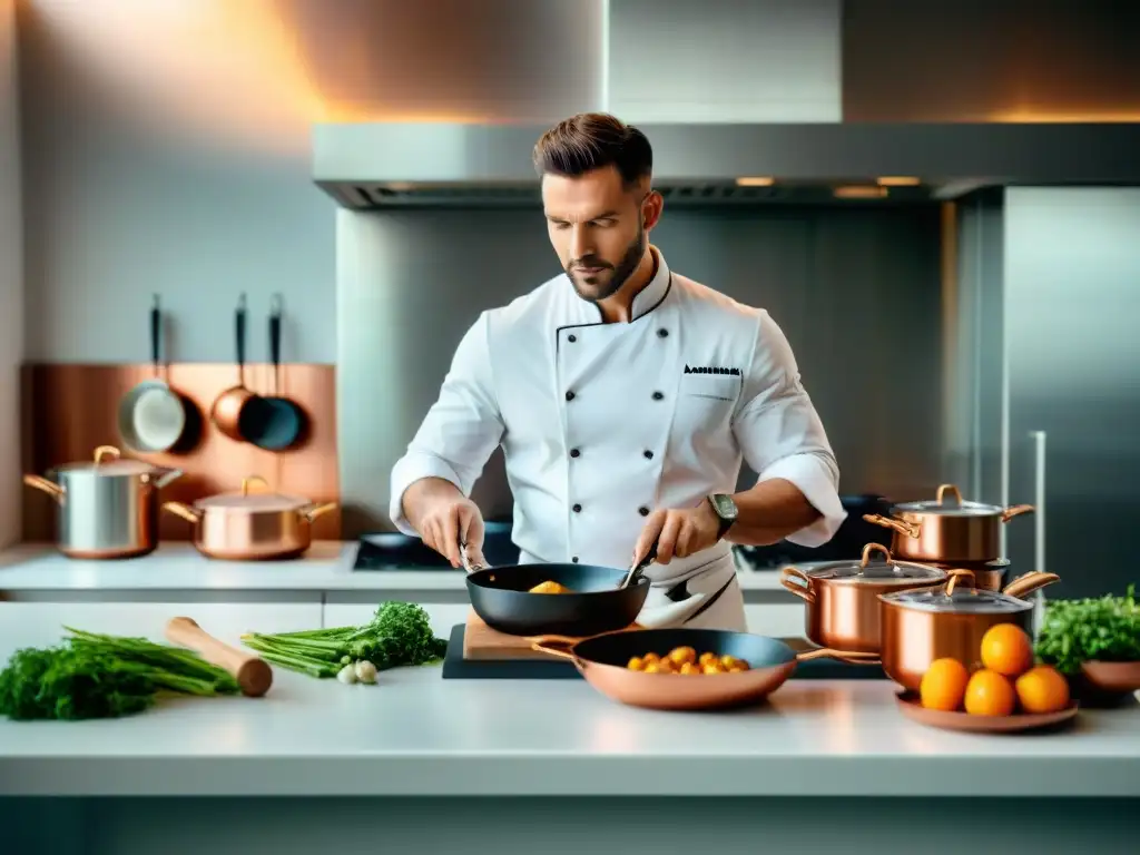 Un chef profesional preparando plato francés en cocina elegante con batería de cocina para platos franceses