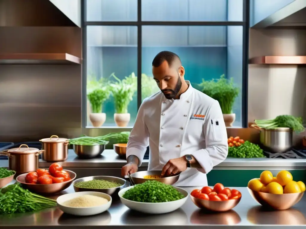 Un chef profesional preparando un plato saludable en una cocina francesa vibrante y colorida