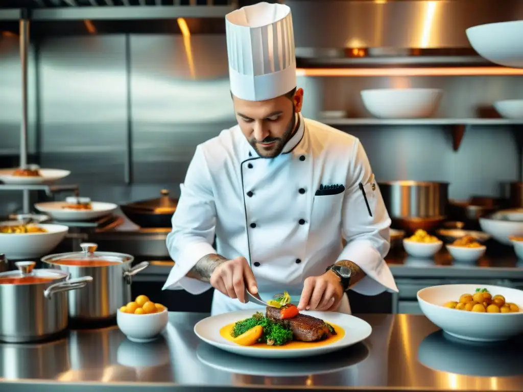 Un chef profesional presenta con precisión una elaborada comida francesa en cocina de alta gama