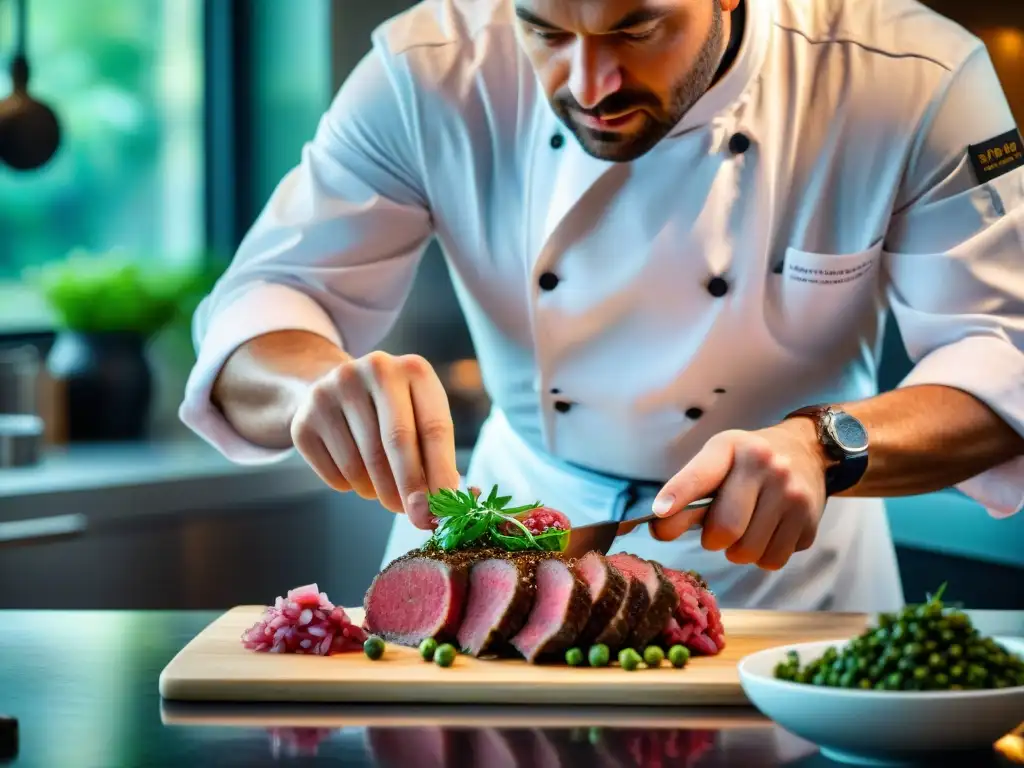 Un chef profesional preparando con precisión una receta auténtica de steak tartare francés en una cocina impecable