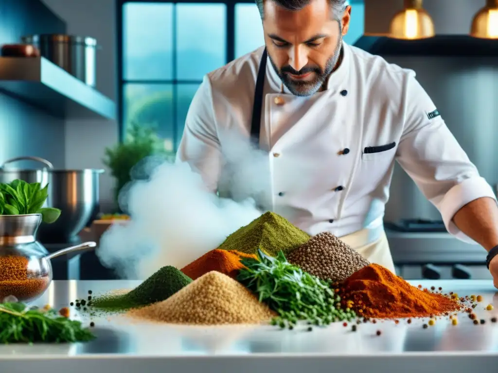 Un chef profesional esparciendo con precisión una vibrante mezcla de hierbas y especias francesas sobre un exquisito plato en una cocina moderna