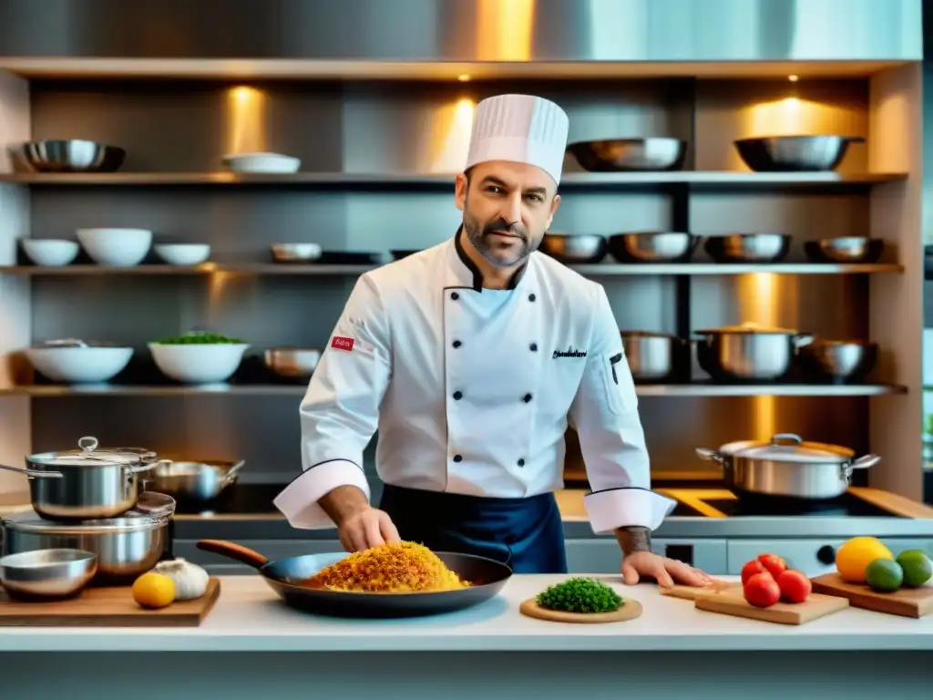 Un chef profesional preparando una receta francesa en una cocina tradicional, rodeado de utensilios e ingredientes franceses