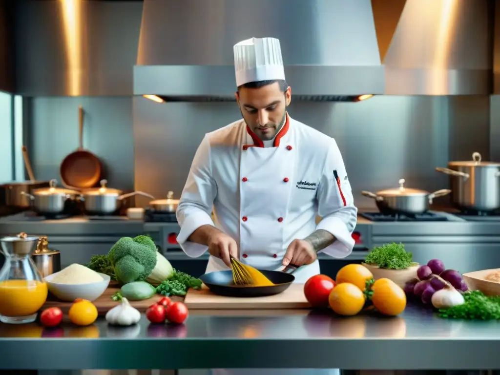 Un chef profesional preparando una receta francesa en una cocina moderna