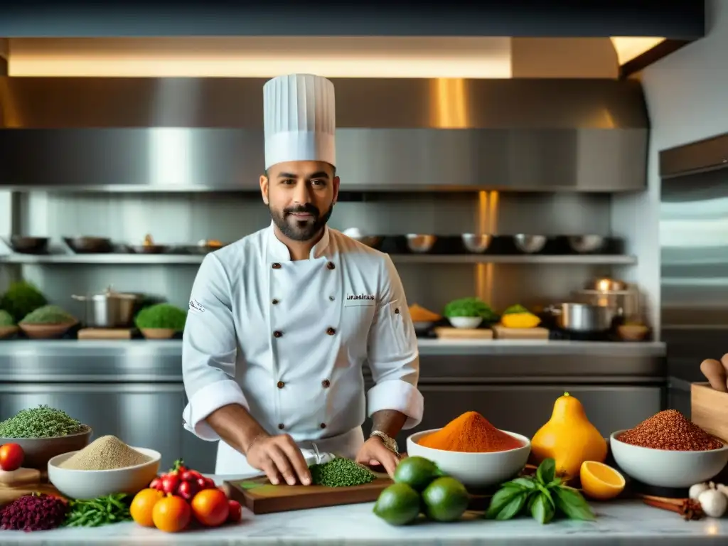 Un chef profesional fusiona sabores internacionales en una cocina bulliciosa, creando platos visualmente impactantes