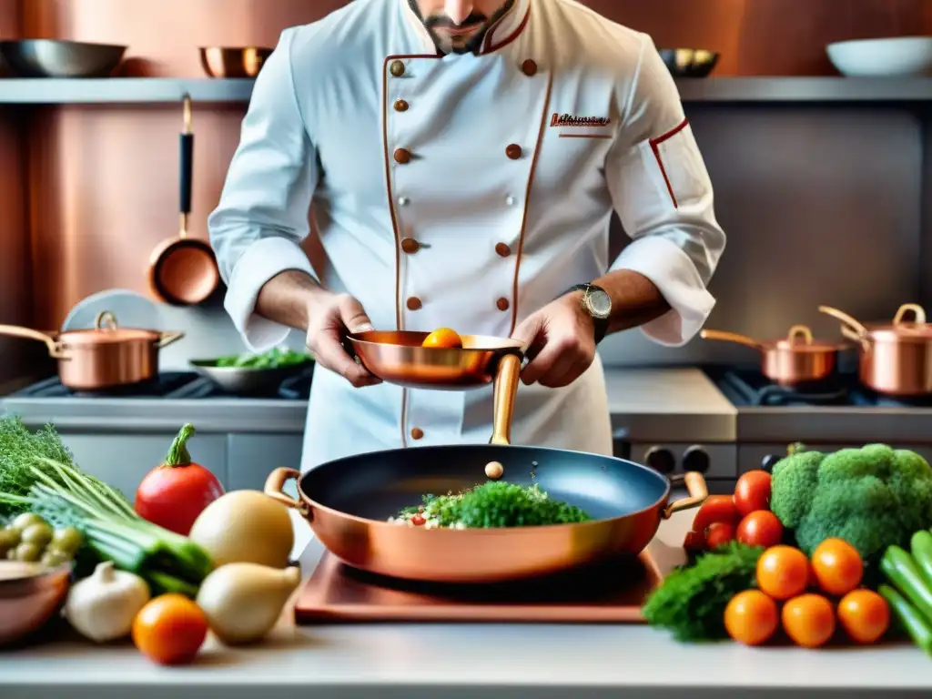 Un chef profesional usando una sartén de cobre en una cocina francesa tradicional