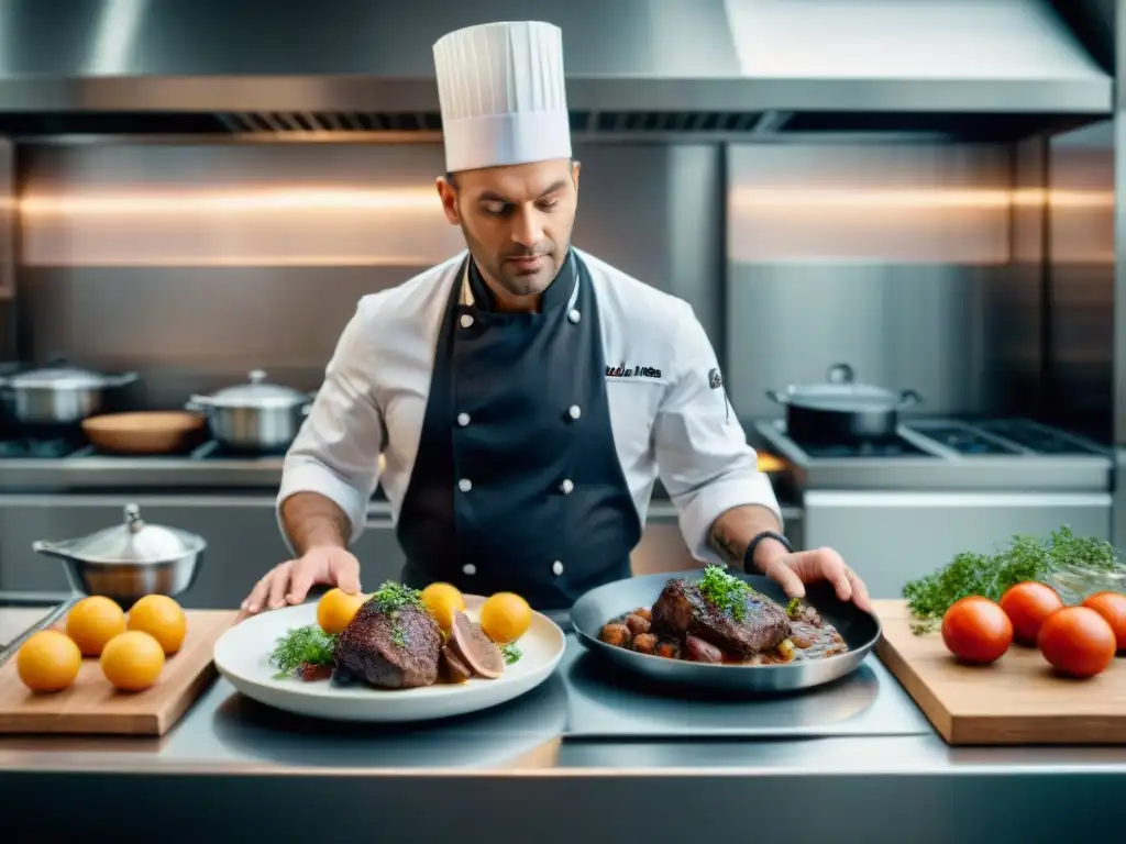 Chef profesional usando Software gastronómico para cocinar platos franceses en cocina moderna