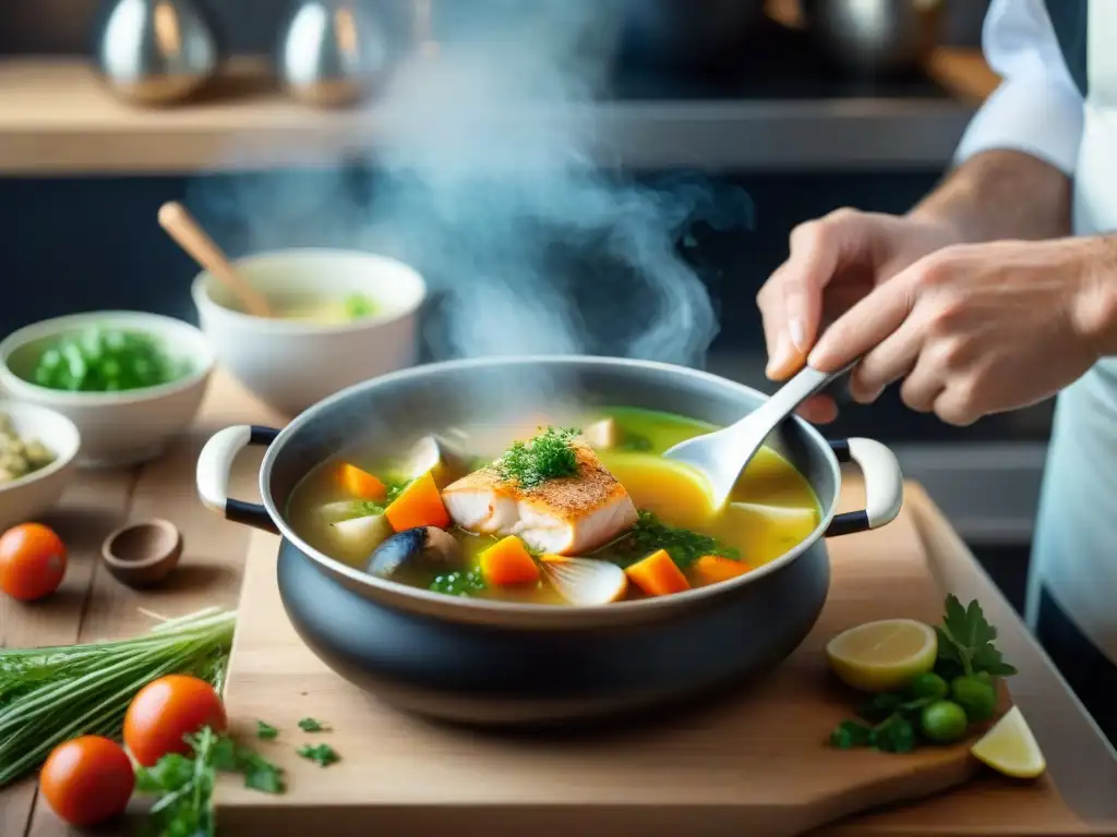 Un chef profesional preparando con maestría una sopa de pescado bretona en una cocina impecable