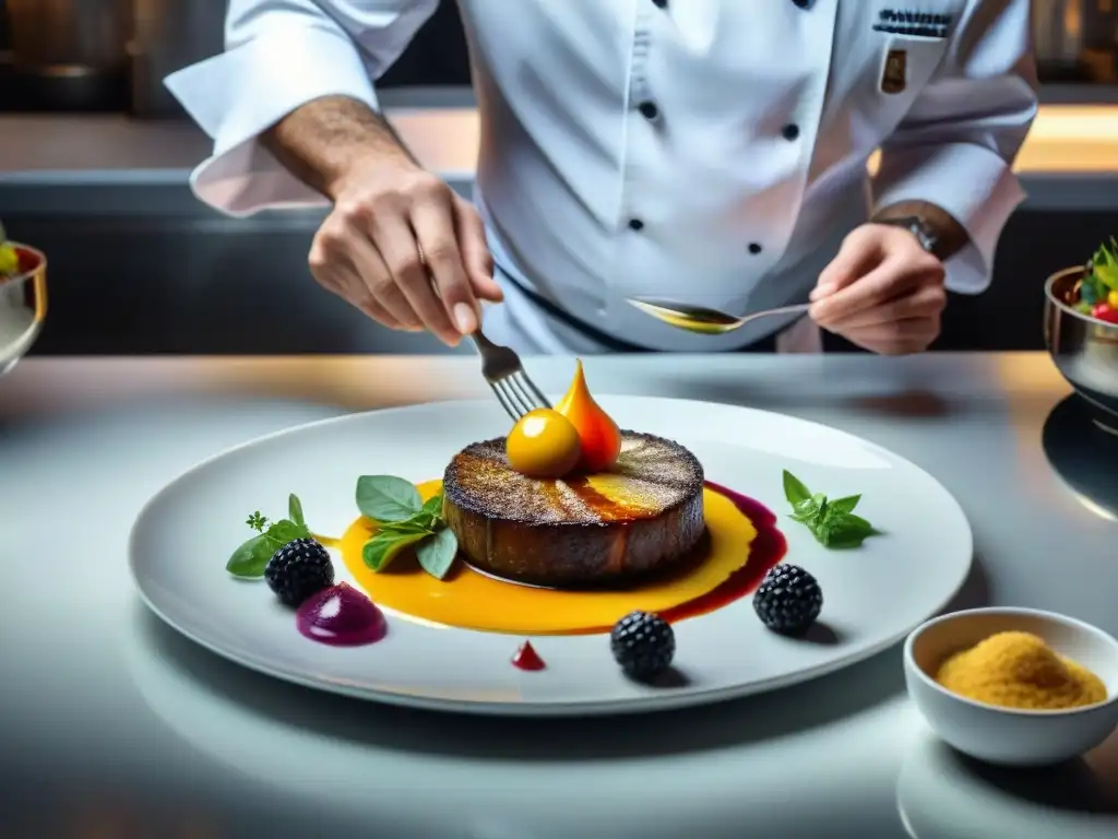 Un chef profesional realiza técnicas avanzadas de presentación en un plato francés decadente