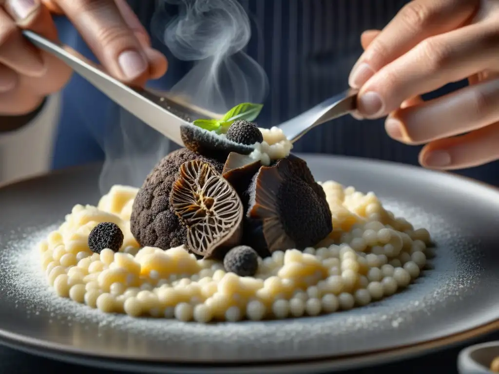 Un chef profesional rallando trufas negras sobre risotto cremoso en una elegante cocina gourmet, exudando elegancia y sofisticación