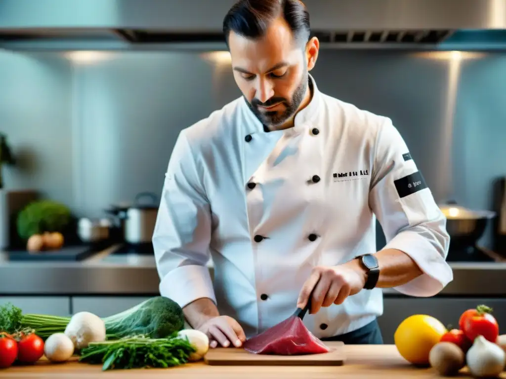 Un chef profesional sella al vacío ingredientes frescos con tecnología Sous Vide en cocina francesa