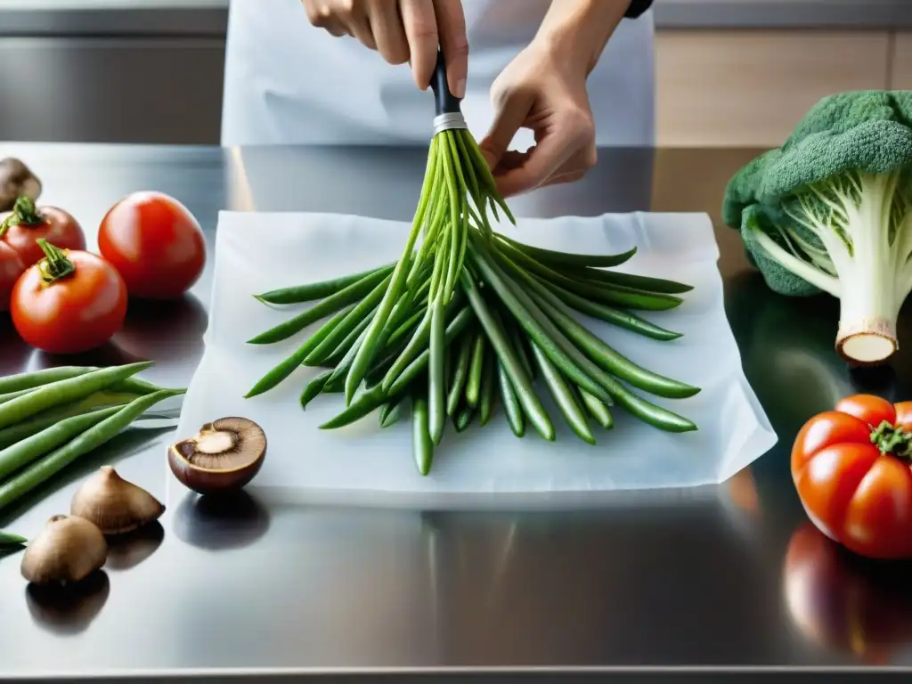 Un chef profesional sella al vacío vegetales frescos con precisión