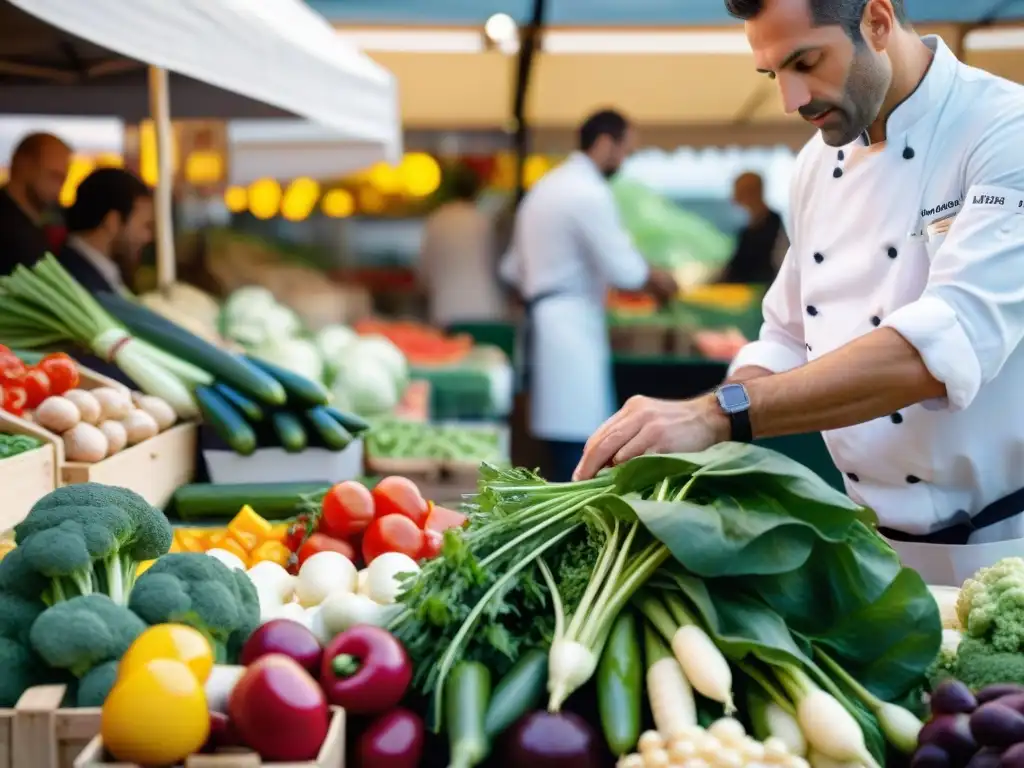 Un chef profesional selecciona cuidadosamente vegetales frescos en un concurrido mercado francés, destacando técnicas avanzadas