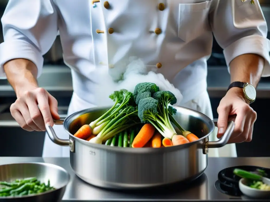 Un chef profesional blanqueando vegetales perfectos en una olla de acero inoxidable, mostrando técnica y precisión