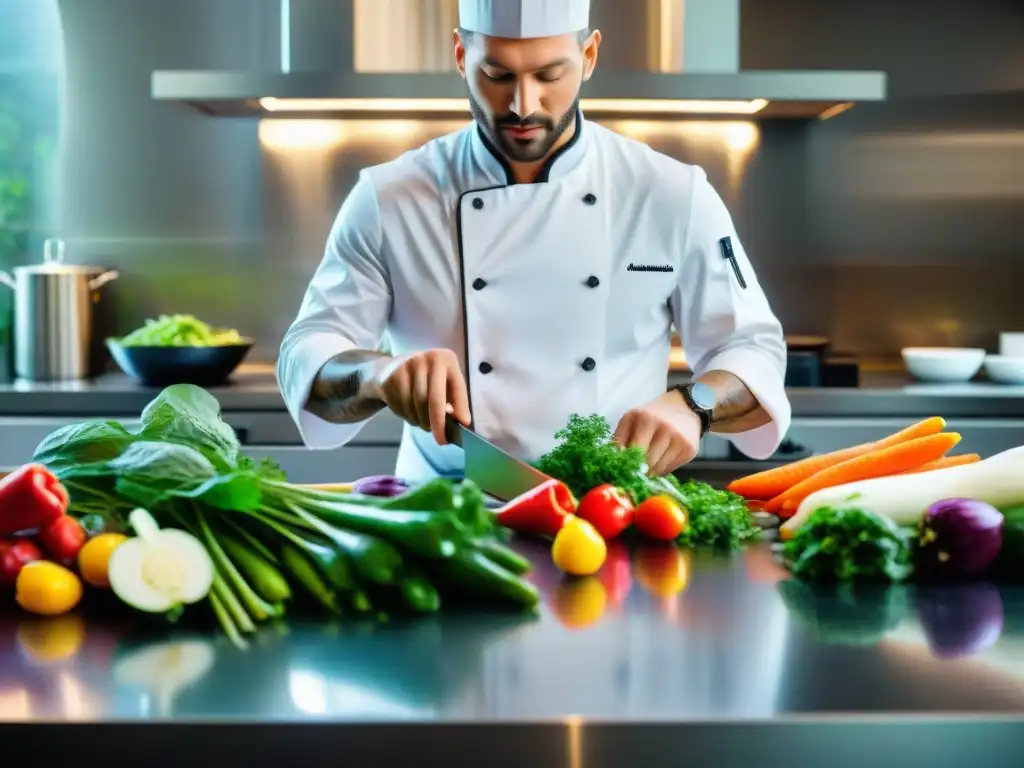 Un chef profesional prepara vegetales al vacío con destreza en una cocina impecable