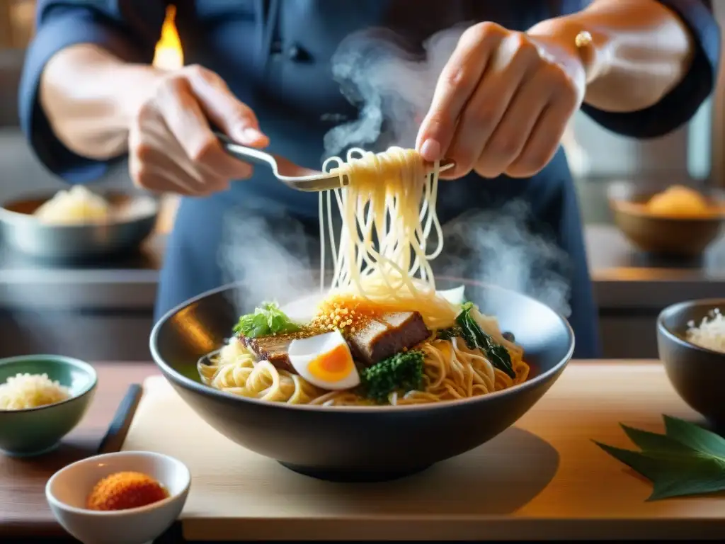 Un chef francés espolvorea queso parmesano sobre un ramen japonés, fusionando sabores umami