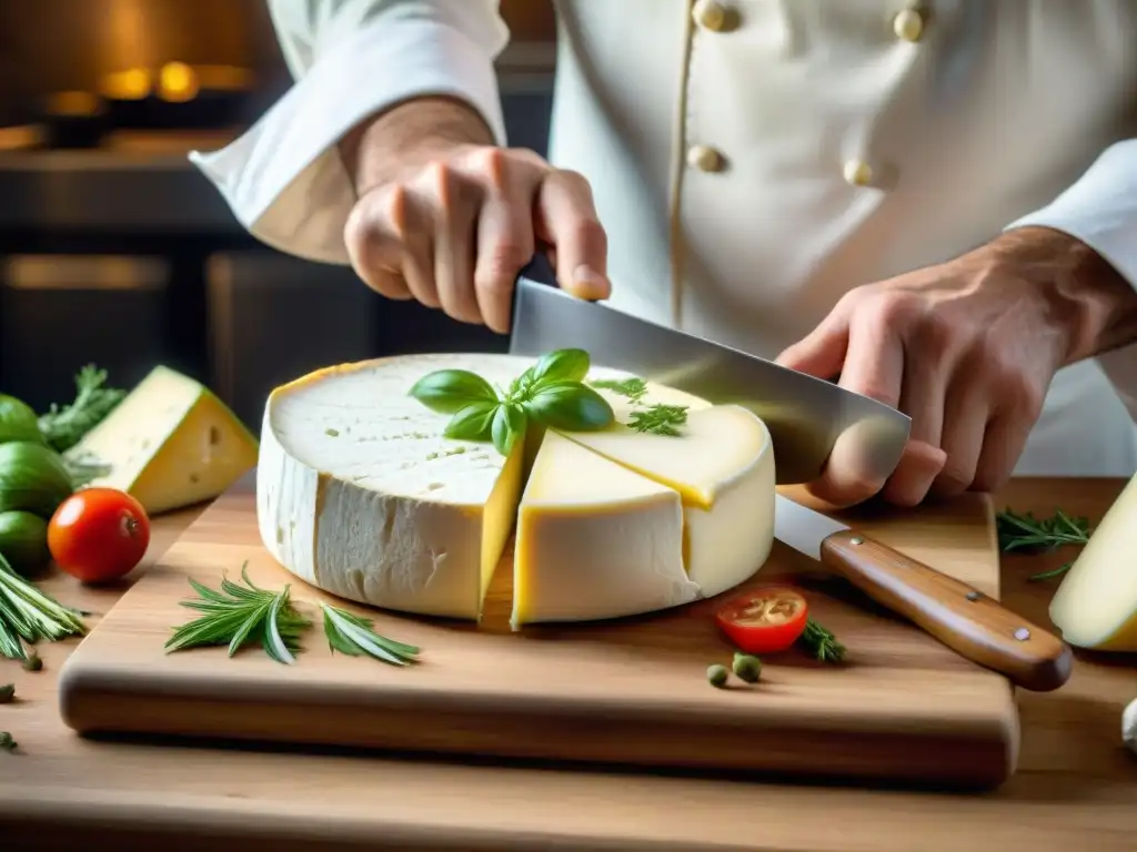 Chef francés cortando queso brie en tabla de madera, muestra su habilidad