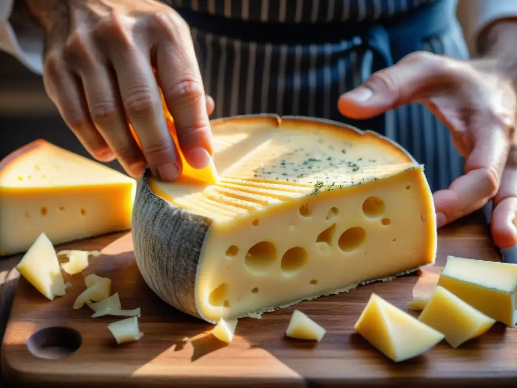 Un chef rallando queso Comté francés sobre tabla de madera: detallada elegancia para recetas caseras