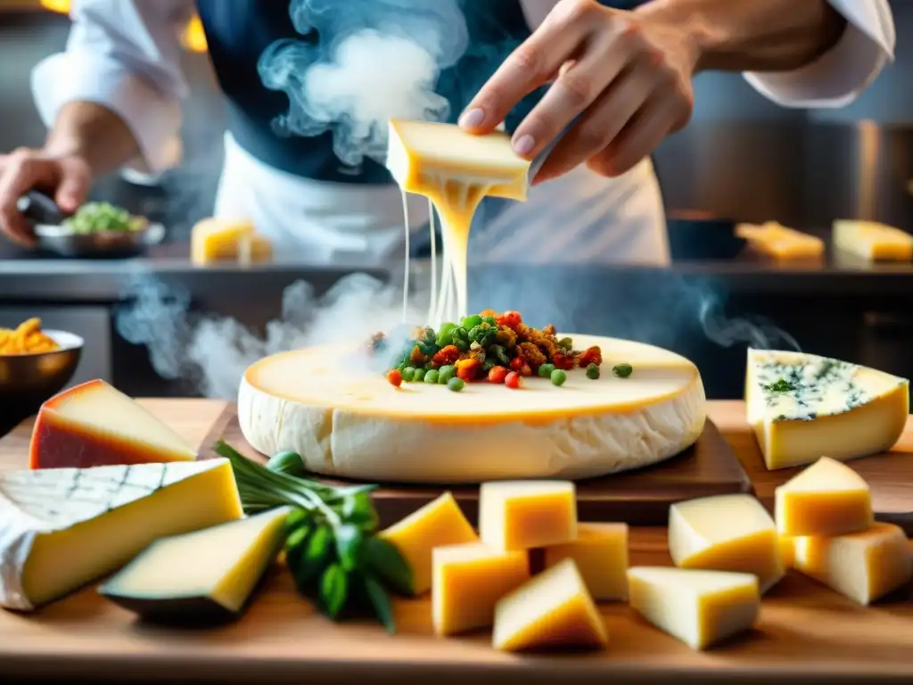 Un chef hábil fusiona quesos franceses en una cocina asiática bulliciosa, creando platos vibrantes y aromáticos