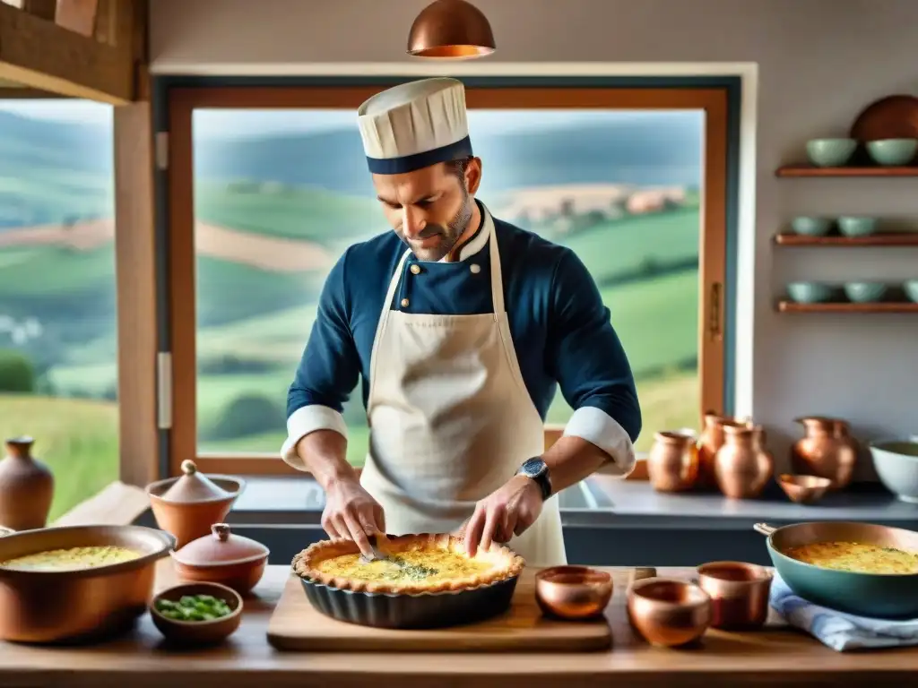 Un chef preparando una Quiche Lorraine en una cocina francesa tradicional, reflejando la historia de esta deliciosa gastronomía global