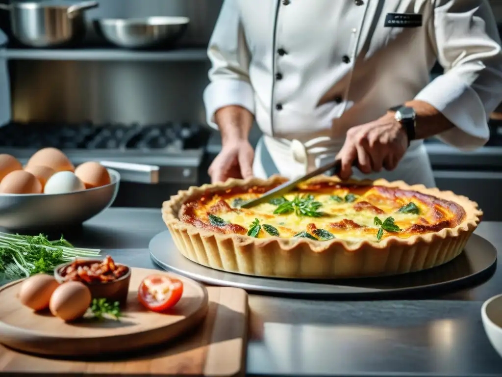 Un chef preparando una Quiche Lorraine en una cocina moderna, fusionando técnicas clásicas con un toque contemporáneo