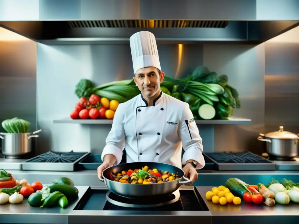 Un chef reinventa Ratatouille en una cocina moderna con vegetales frescos y hierbas aromáticas