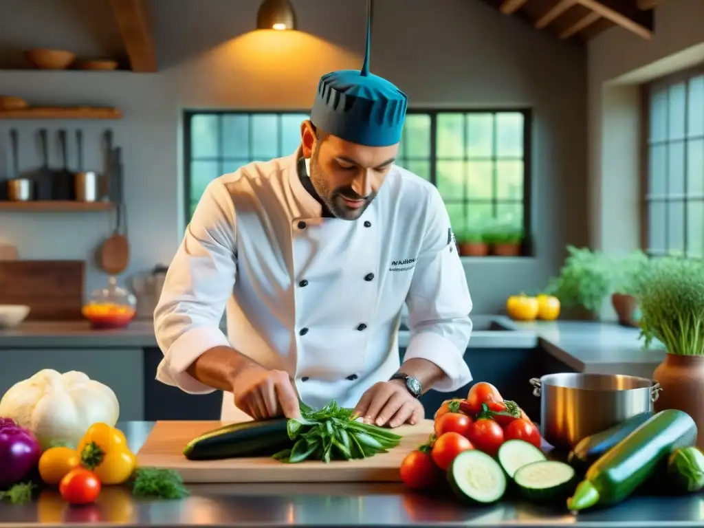 Chef francés preparando ratatouille en cocina provenzal: recetas francesas Dieta Mediterránea