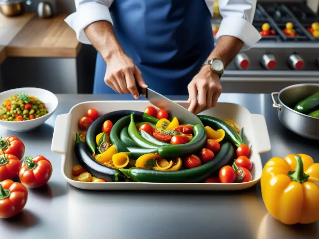 Un chef francés prepara ratatouille en una cocina rústica con ingredientes mediterráneos