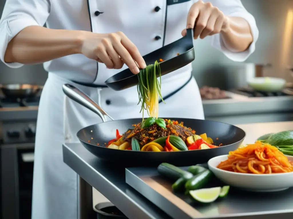 Un chef hábil prepara con precisión un Ratatouille de kimchi en una cocina moderna y elegante