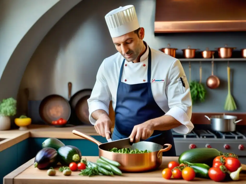 Un chef prepara ratatouille receta tradicional francesa en cocina clásica con cuidado y precisión