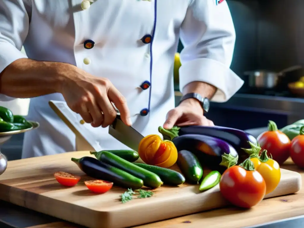 Un chef prepara ratatouille receta tradicional francesa con verduras frescas y coloridas en una cocina rústica