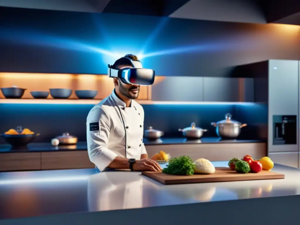 Un chef usa realidad virtual en una cocina futurista con hologramas de recetas