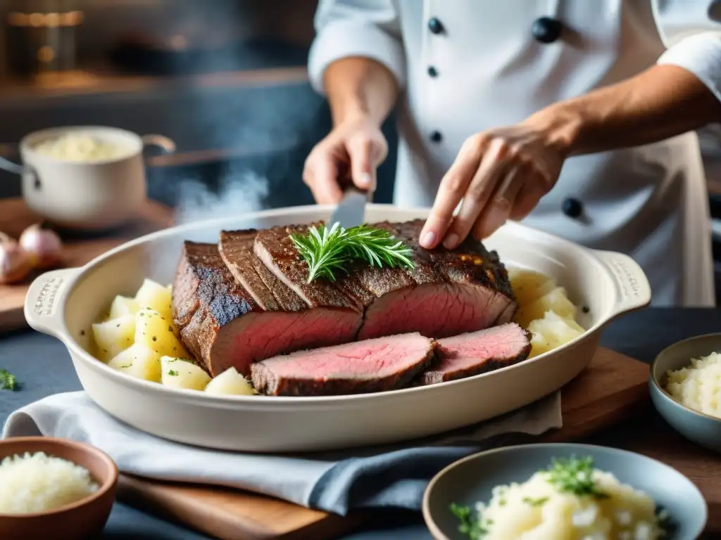 Un chef francés crea con maestría una receta auténtica de pastel de carne en una cocina rústica