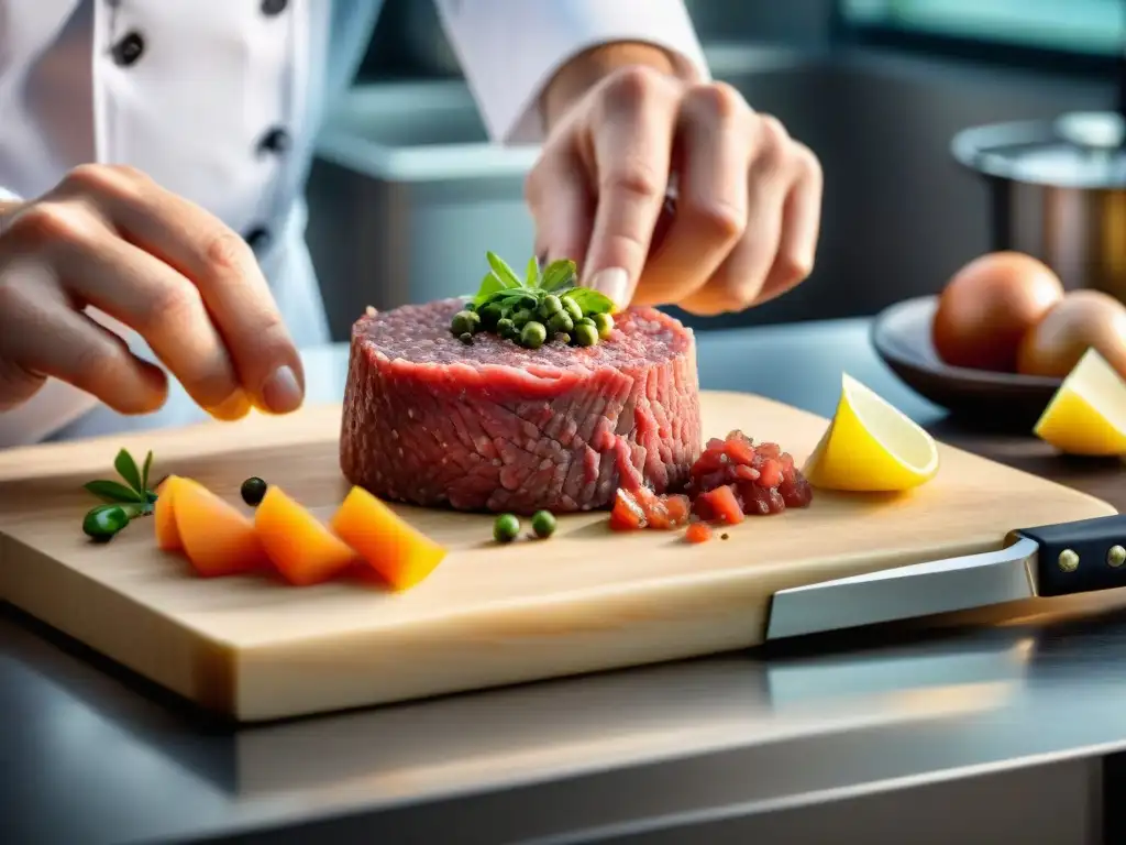 Un chef prepara con maestría una receta auténtica de steak tartare francés en una cocina profesional, destacando ingredientes frescos y coloridos