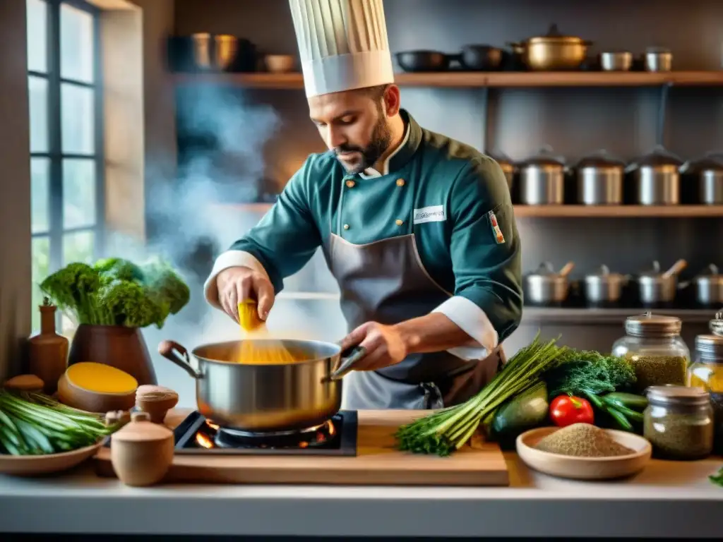 Chef preparando receta caldo francés casero auténtico en cocina rústica: ¡una obra de arte culinaria!