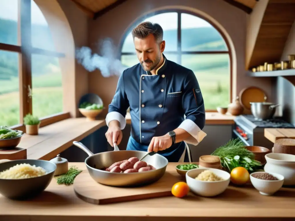 Un chef prepara una receta Choucroute Garnie Alsacia en una cocina tradicional