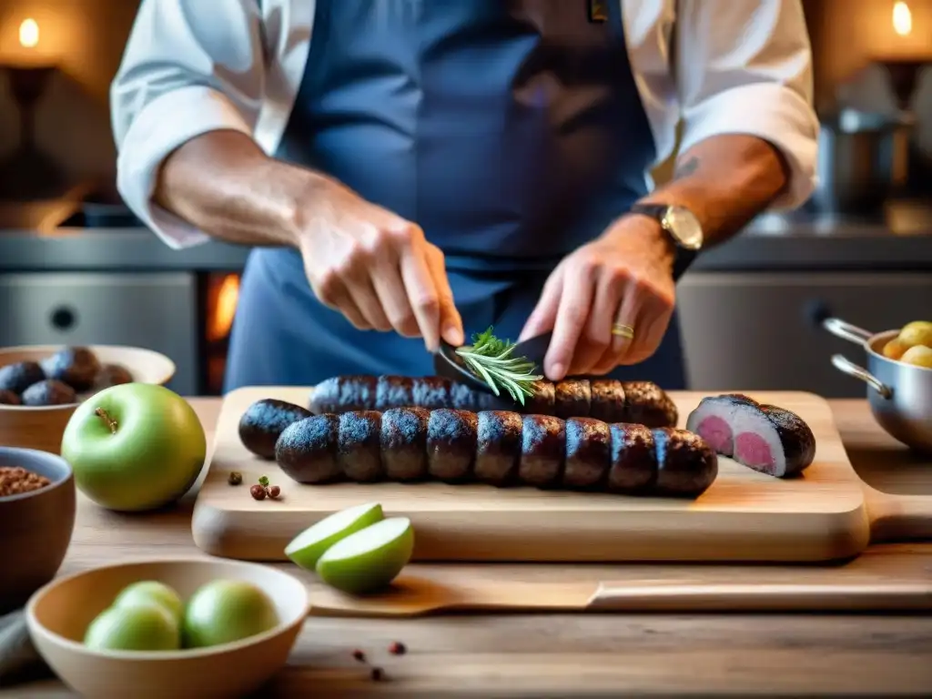 Un chef prepara con maestría la receta Boudin Noir Normande en una cocina tradicional francesa, evocando la esencia de la gastronomía