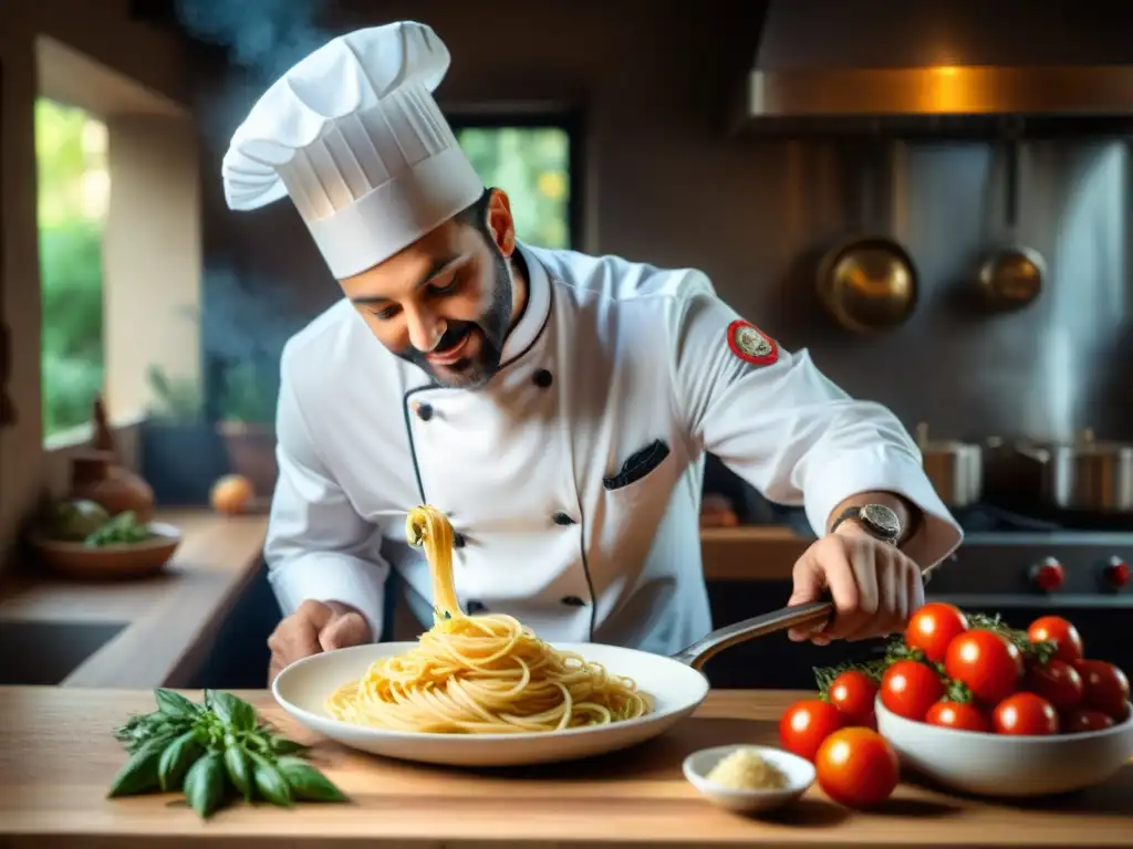 Un chef prepara una receta espagueti a la Provenzal en una cocina rústica, creando una atmósfera cálida y acogedora