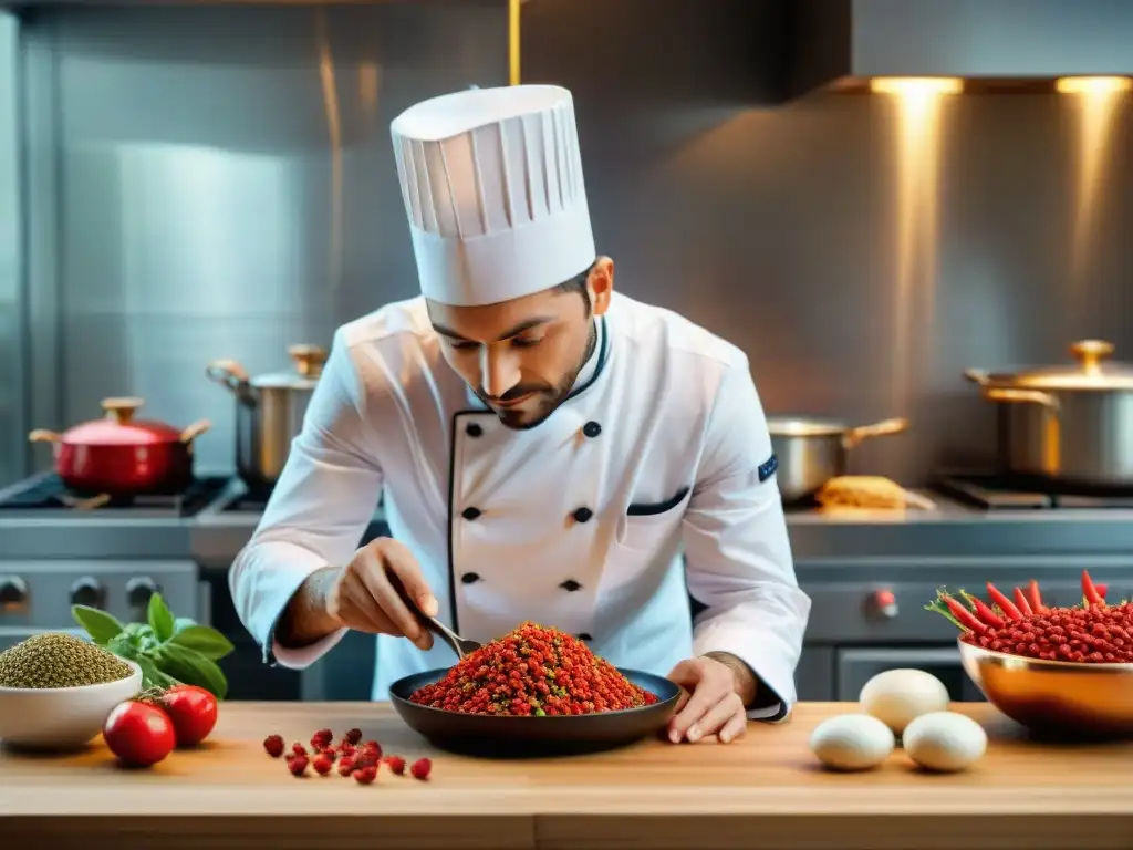 Un chef francés crea una receta gourmet con bayas Goji en una cocina elegante