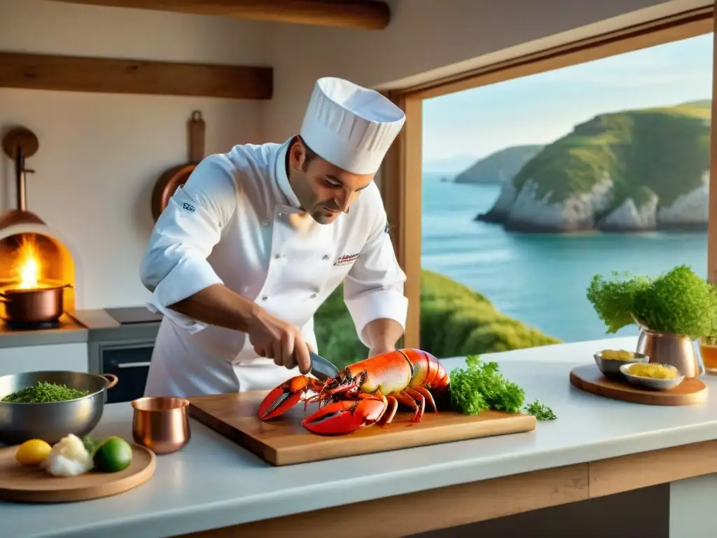 Un chef francés prepara con maestría una receta de langosta Armoricana en una cocina rústica con vista al mar en Bretaña