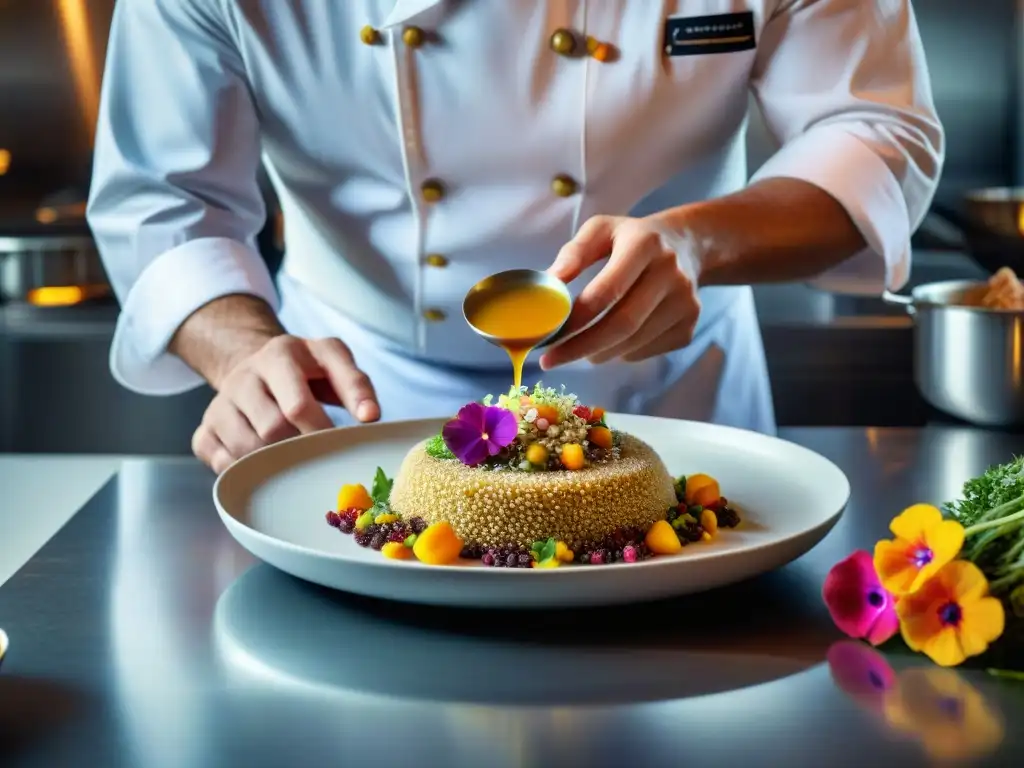 Un chef francés prepara una receta de quinua innovadora en una cocina profesional