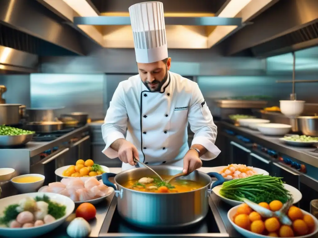 Chef francés preparando una receta tradicional Bouillabaisse en bulliciosa cocina de Marsella