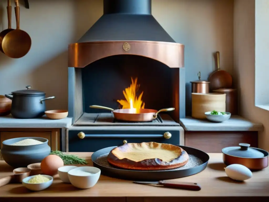 Un chef elaborando una receta Galette Bretona tradicional en una cocina francesa con utensilios de cobre y chimenea de piedra